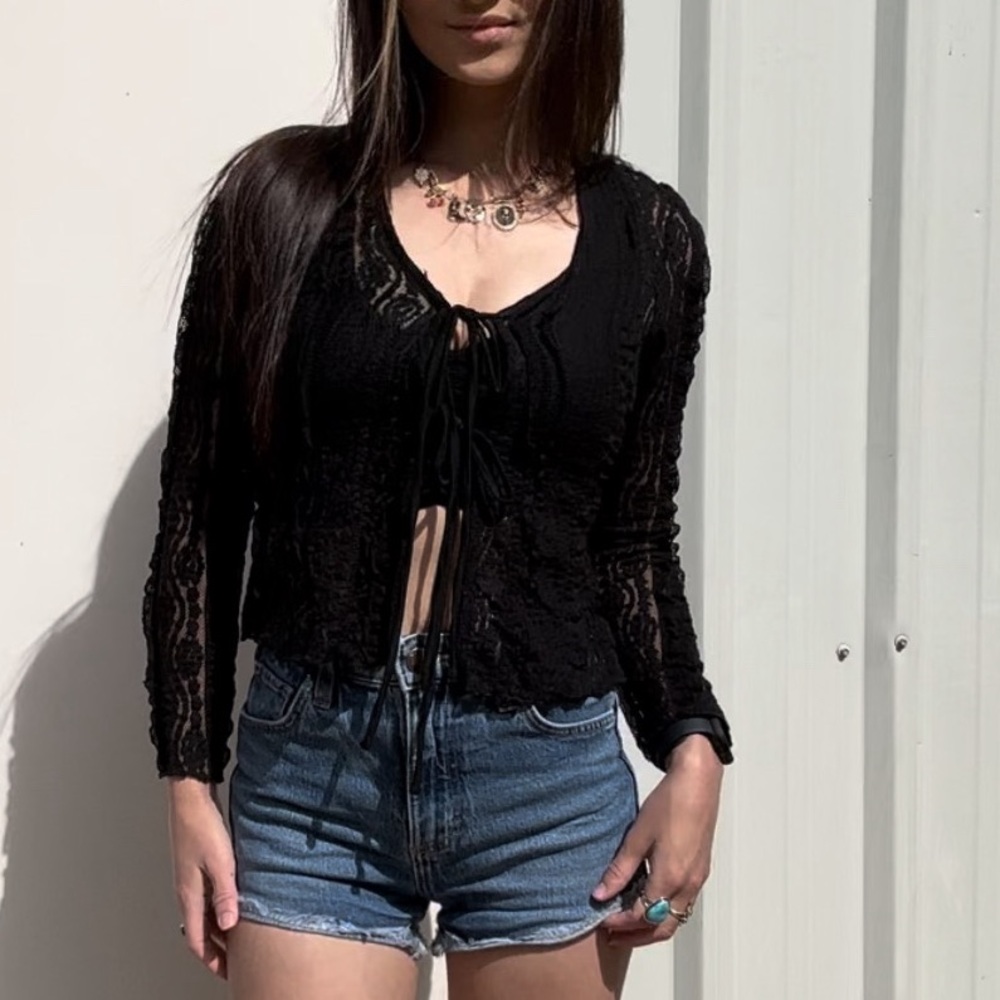 Black Lace Tie-Front Top